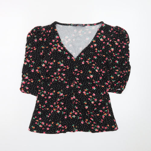 Sosandar Women’s Black Floral Wrap Blouse Size 14 Viscose 3/4 Sleeve