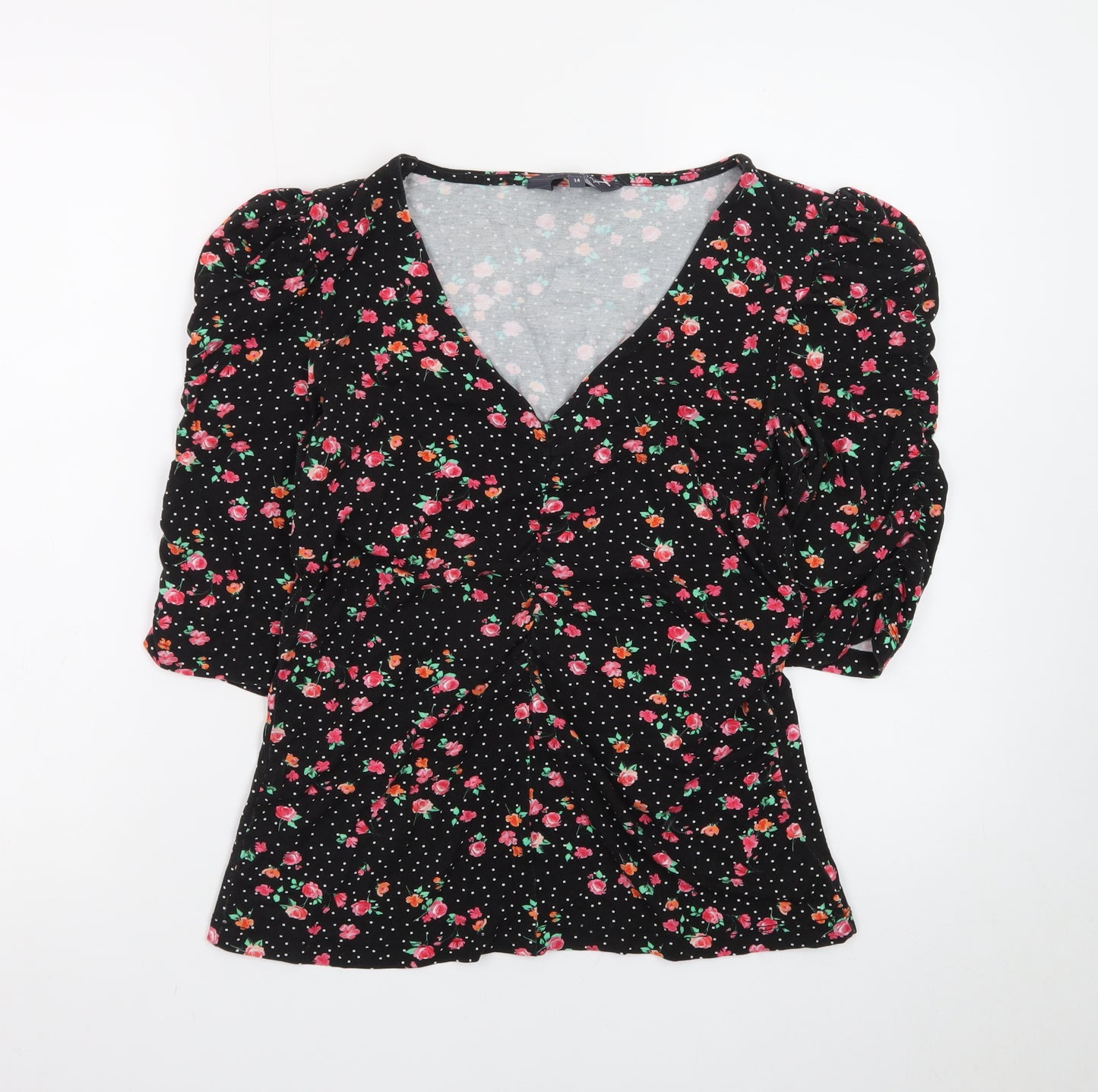 Sosandar Women’s Black Floral Wrap Blouse Size 14 Viscose 3/4 Sleeve