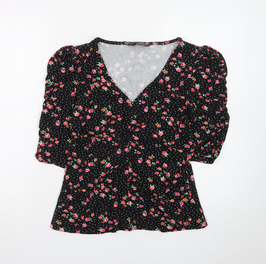 Sosandar Women’s Black Floral Wrap Blouse Size 14 Viscose 3/4 Sleeve