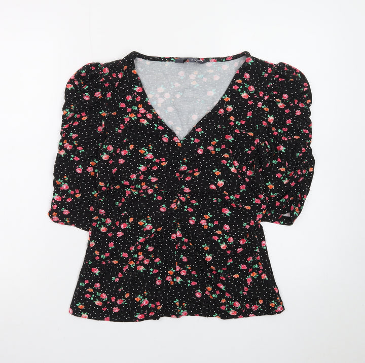 Sosandar Women’s Black Floral Wrap Blouse Size 14 Viscose 3/4 Sleeve