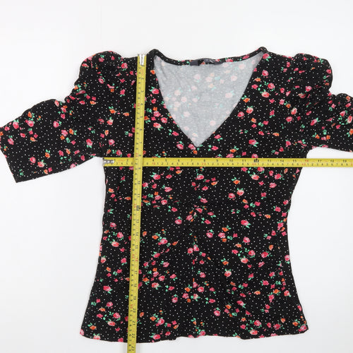 Sosandar Women’s Black Floral Wrap Blouse Size 14 Viscose 3/4 Sleeve