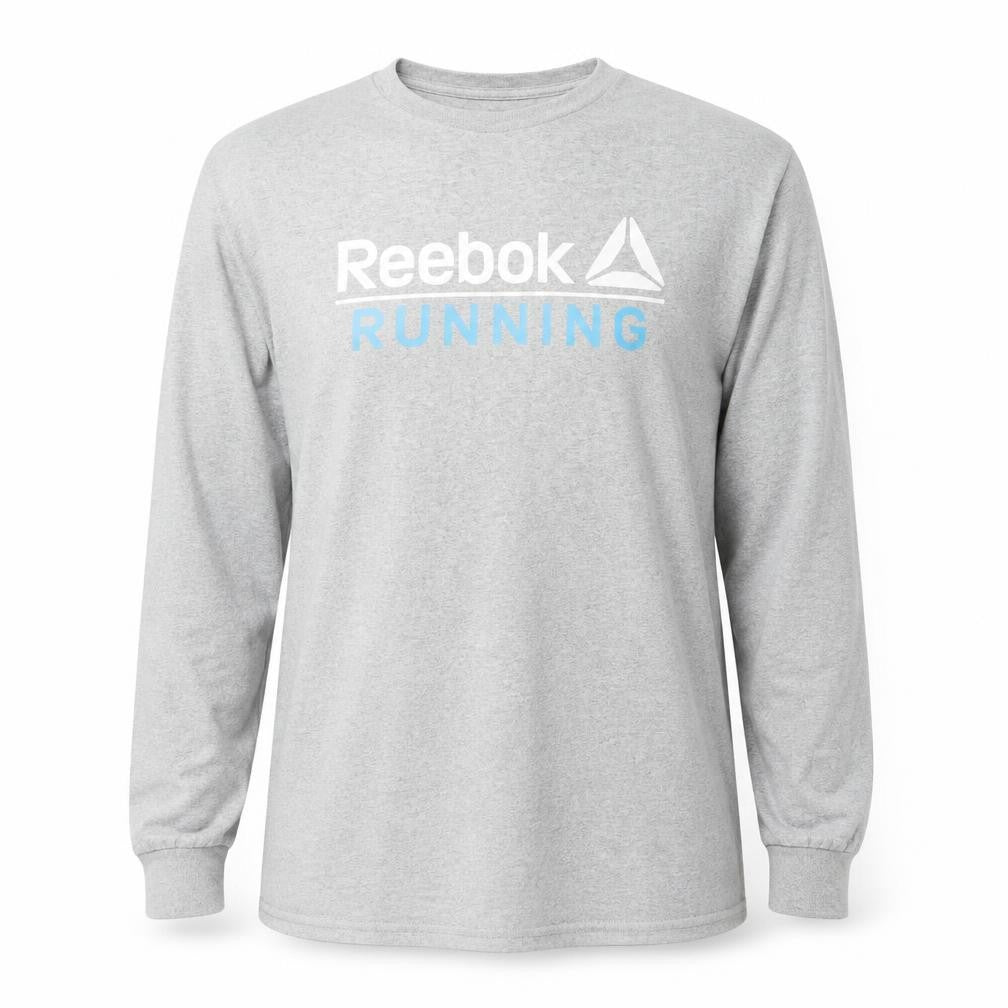 Front view of Reebok Men's Grey Long Sleeve Running T-Shirt, size L