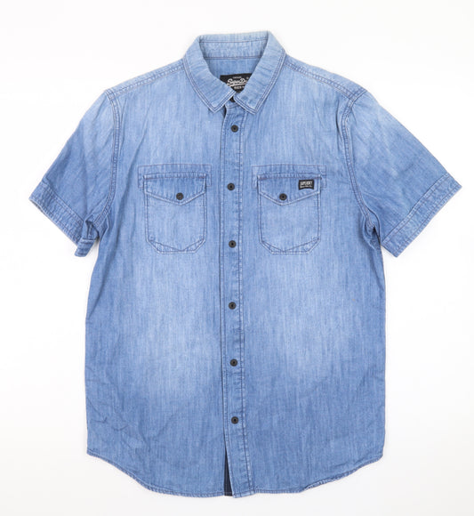 Superdry Men's Blue Denim Short Sleeve Collared T-Shirt S