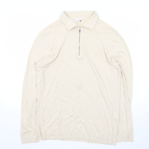 Reiss Men's Beige Long Sleeve 1/2 Zip Collared Cotton T-Shirt Size M