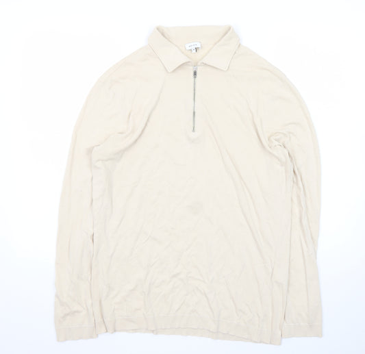 Reiss Men's Beige Long Sleeve 1/2 Zip Collared Cotton T-Shirt Size M