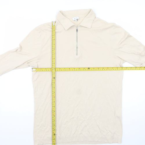 Reiss Men's Beige Long Sleeve 1/2 Zip Collared Cotton T-Shirt Size M