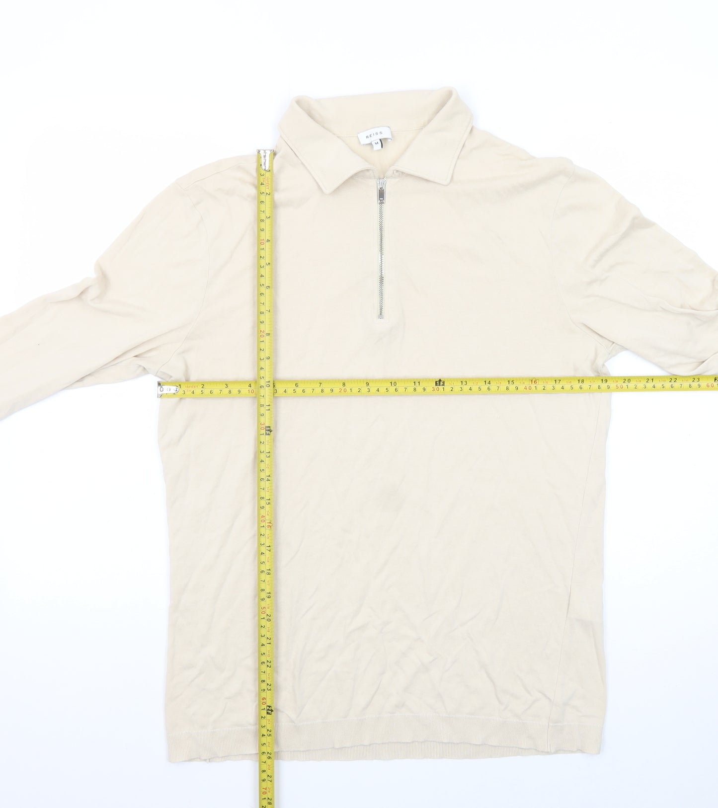 Reiss Men's Beige Long Sleeve 1/2 Zip Collared Cotton T-Shirt Size M