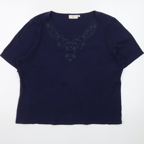 CC Women's Blue Embroidered V-Neck Short Sleeve Cotton T-Shirt XL