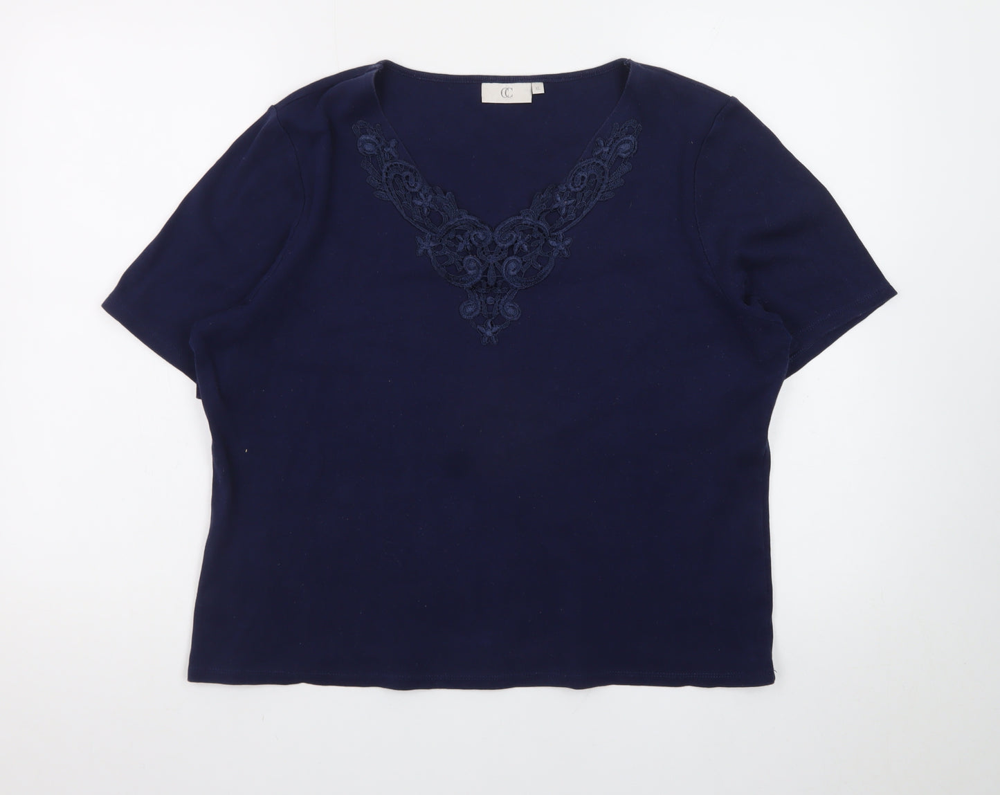 CC Women's Blue Embroidered V-Neck Short Sleeve Cotton T-Shirt XL