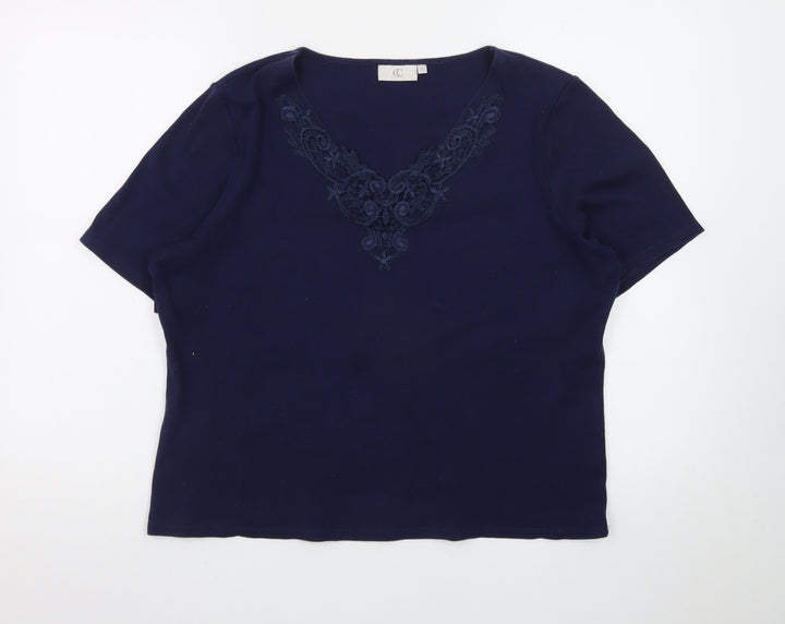 CC Women's Blue Embroidered V-Neck Short Sleeve Cotton T-Shirt XL
