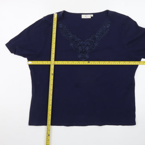 CC Women's Blue Embroidered V-Neck Short Sleeve Cotton T-Shirt XL