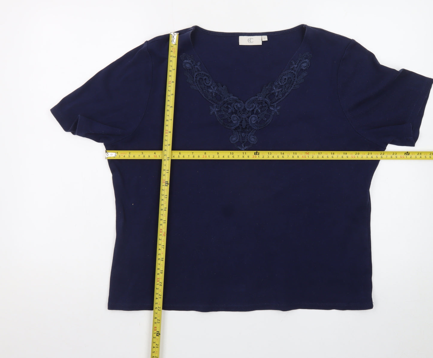 CC Women's Blue Embroidered V-Neck Short Sleeve Cotton T-Shirt XL