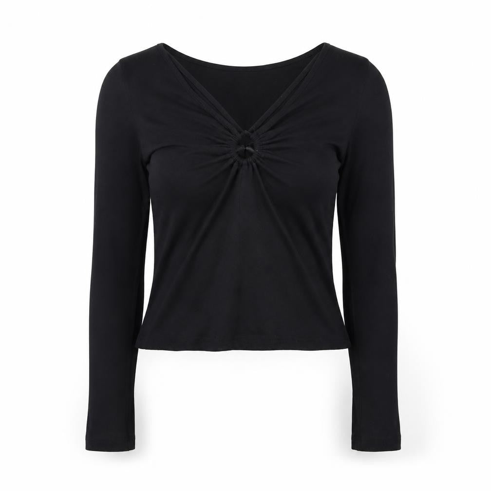 Front view of Commense Women’s Black XS Cropped Long Sleeve V-Neck Top