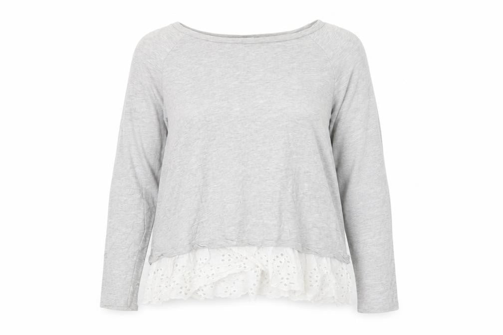 Front view of JDY Women's Grey Ruffle Hem Long Sleeve Tunic Blouse, size M