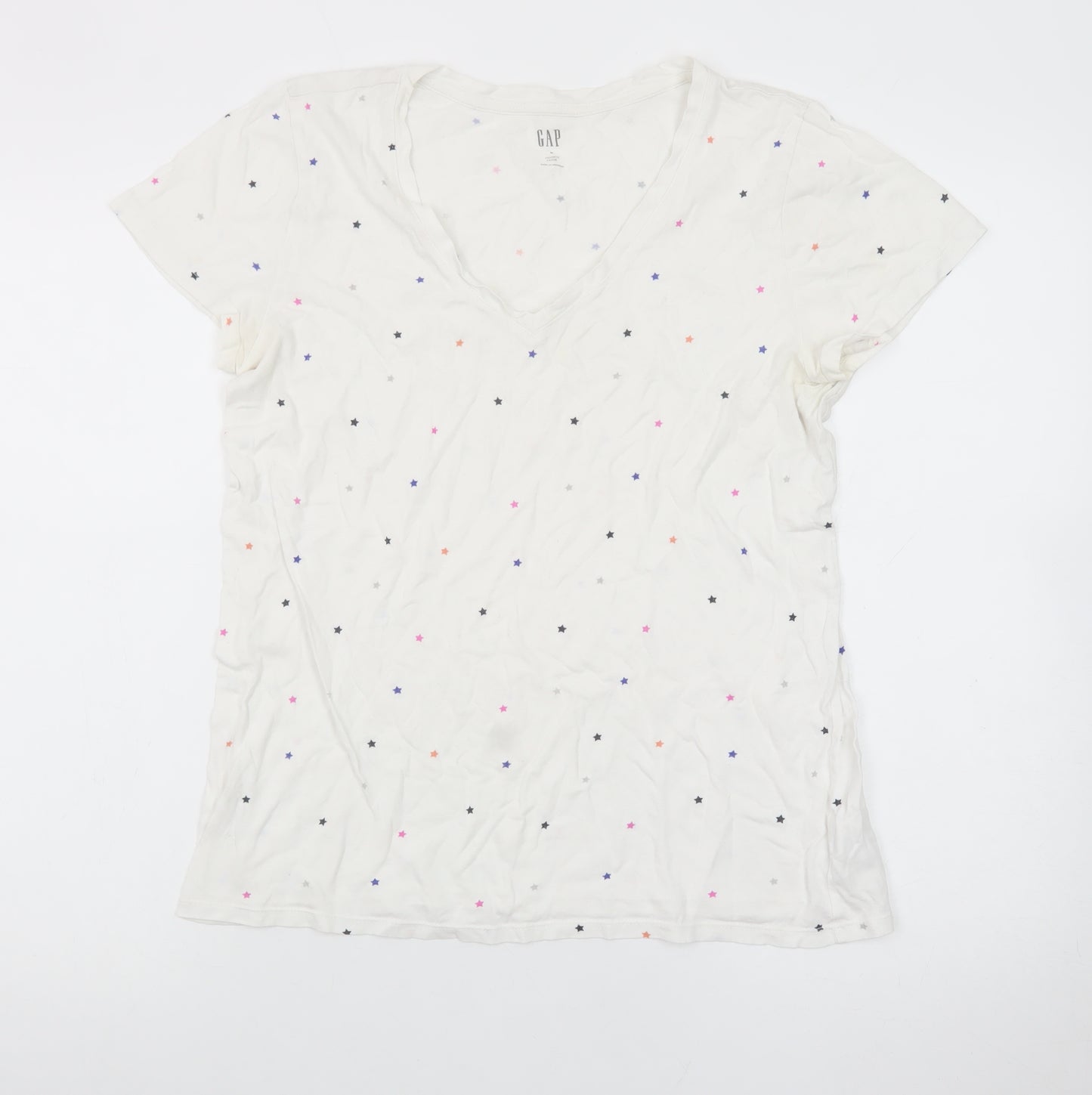 GAP Women's White Star Print V-Neck Cotton T-Shirt Size M