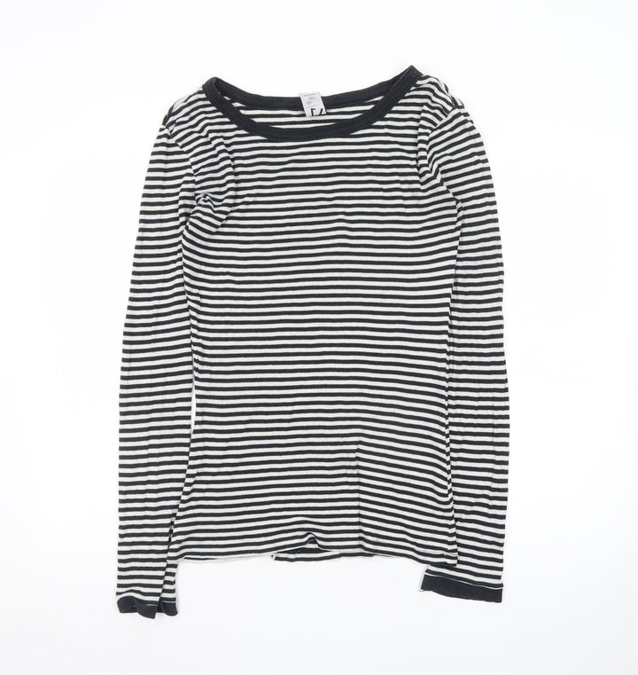Zara Women Black White Striped Long Sleeve Basic T-Shirt L