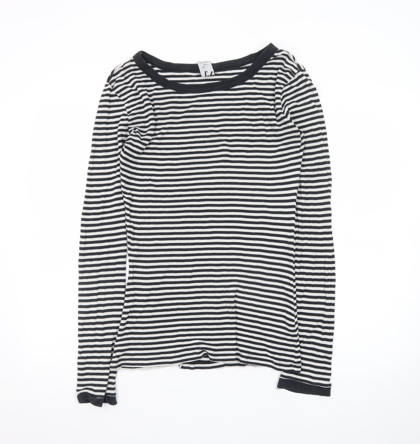 Zara Women Black White Striped Long Sleeve Basic T-Shirt L