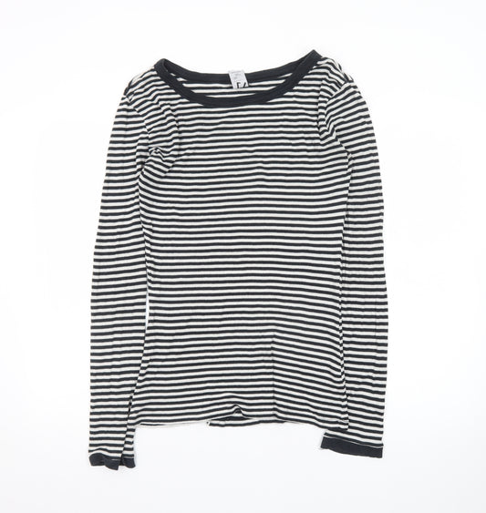 Zara Women Black White Striped Long Sleeve Basic T-Shirt L