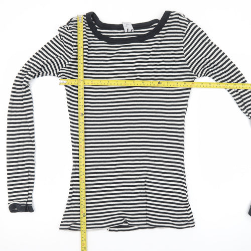 Zara Women Black White Striped Long Sleeve Basic T-Shirt L