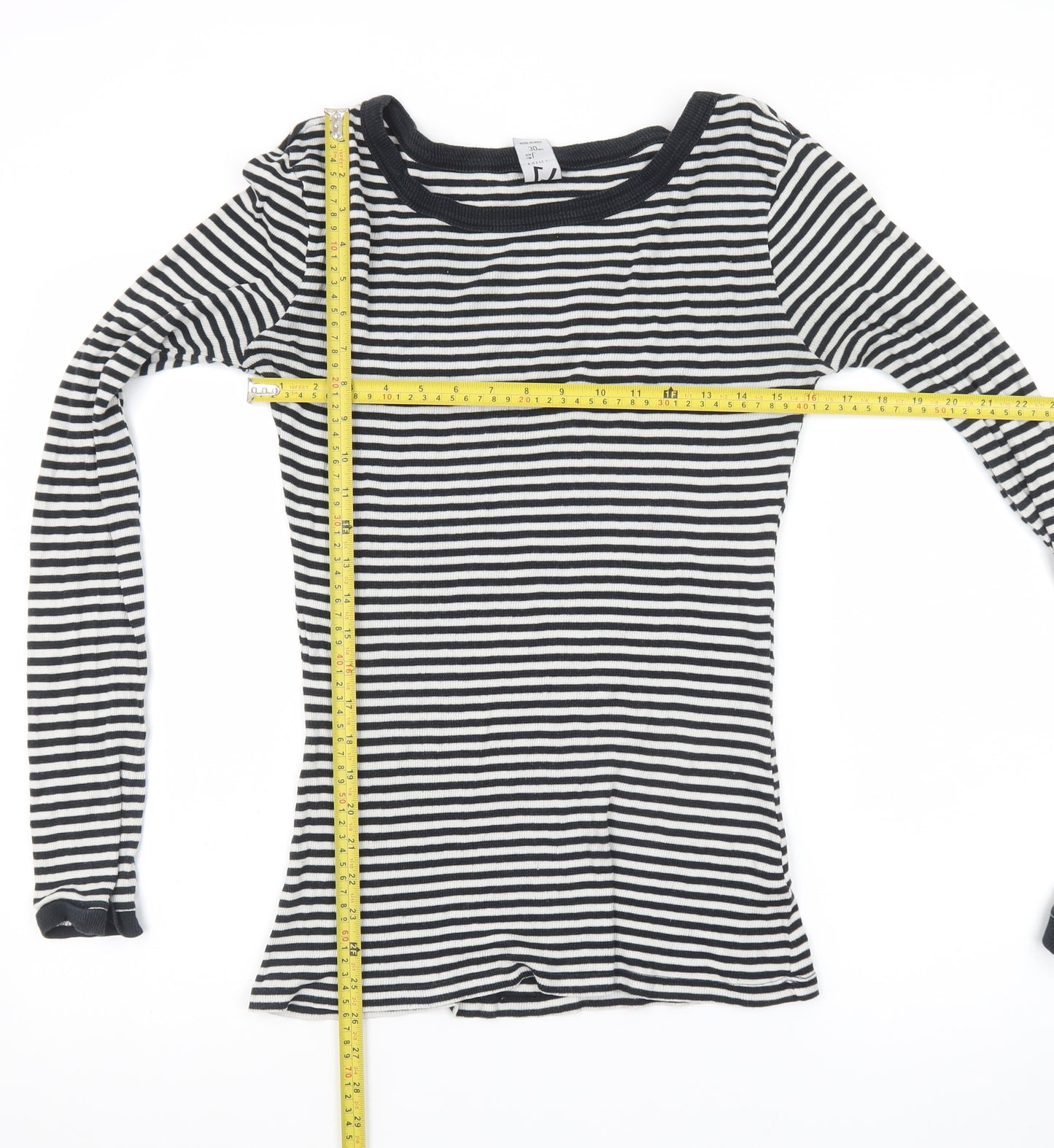 Zara Women Black White Striped Long Sleeve Basic T-Shirt L