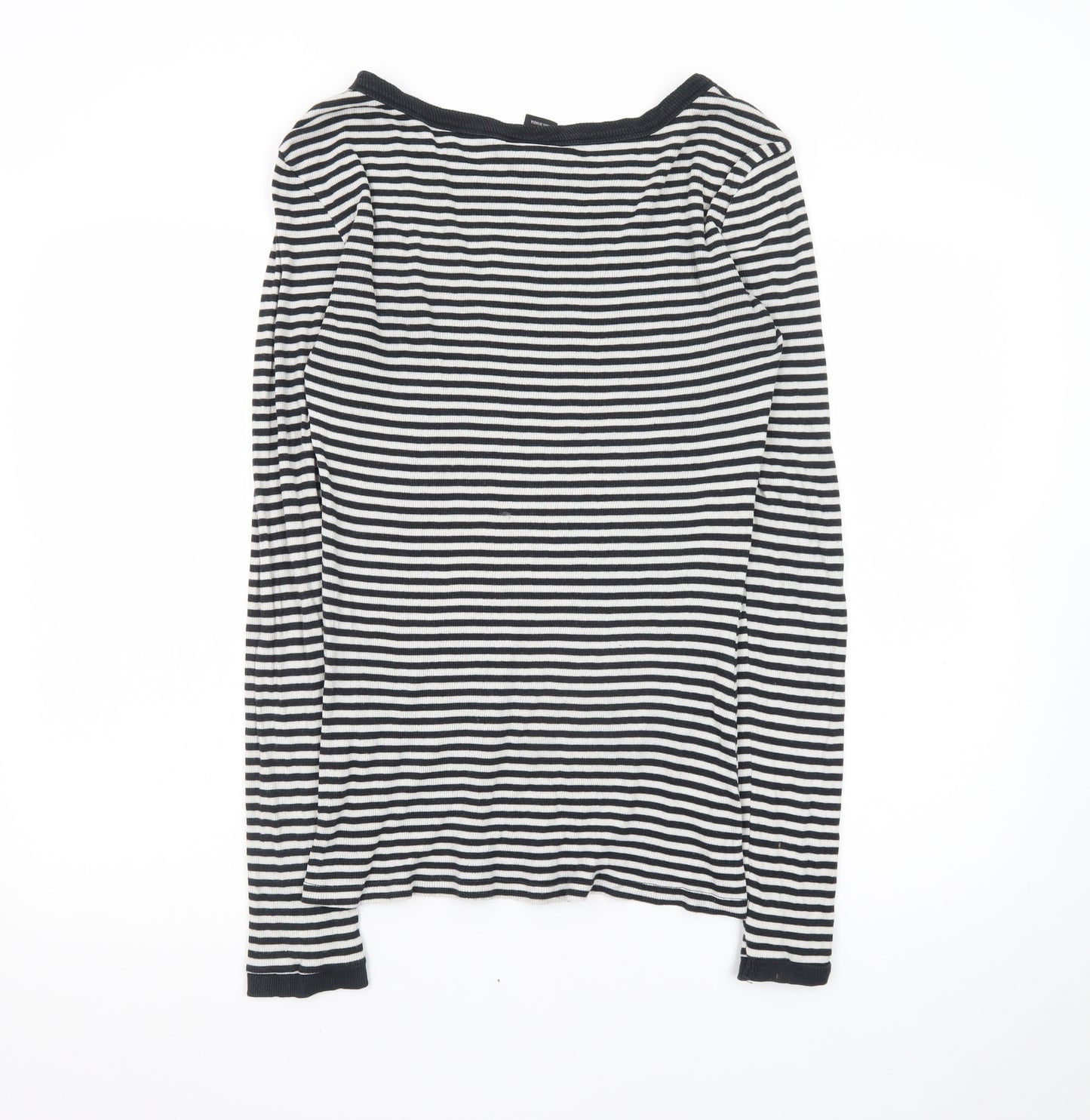 Zara Women Black White Striped Long Sleeve Basic T-Shirt L