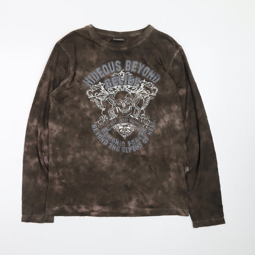 Identic Mens Brown Tie-Dye Long Sleeve Skull Graphic T-Shirt M