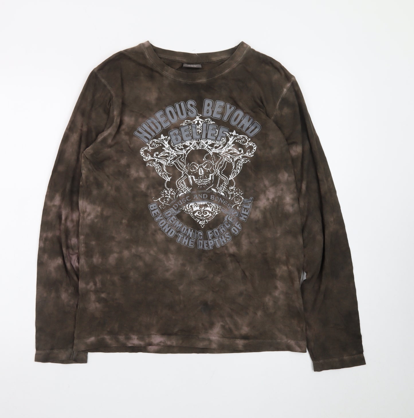 Identic Mens Brown Tie-Dye Long Sleeve Skull Graphic T-Shirt M