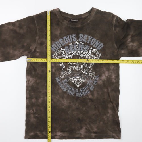 Identic Mens Brown Tie-Dye Long Sleeve Skull Graphic T-Shirt M