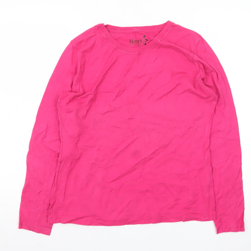 Hanes Women's Pink Long Sleeve Cotton Crew Neck T-Shirt M