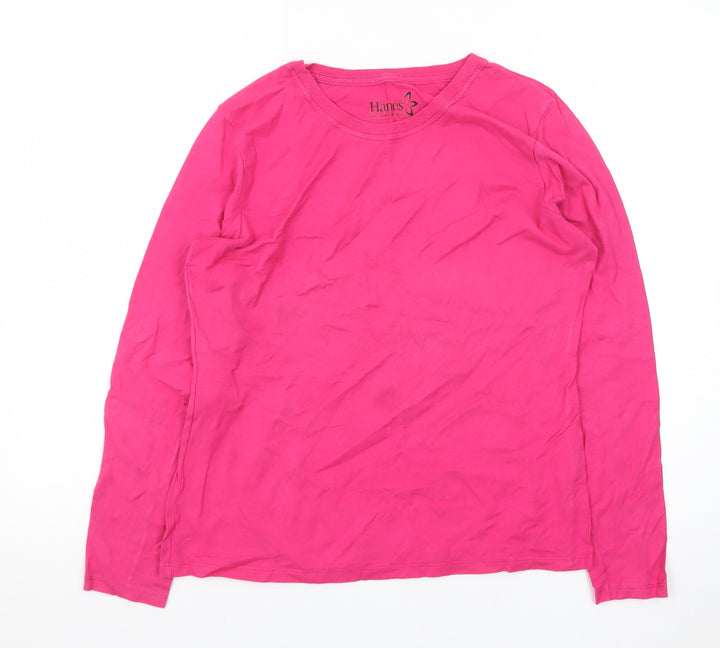 Hanes Women's Pink Long Sleeve Cotton Crew Neck T-Shirt M