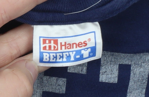 Hanes Beefy-T Navy Blue Long Sleeve Men's Graphic T-Shirt Size L