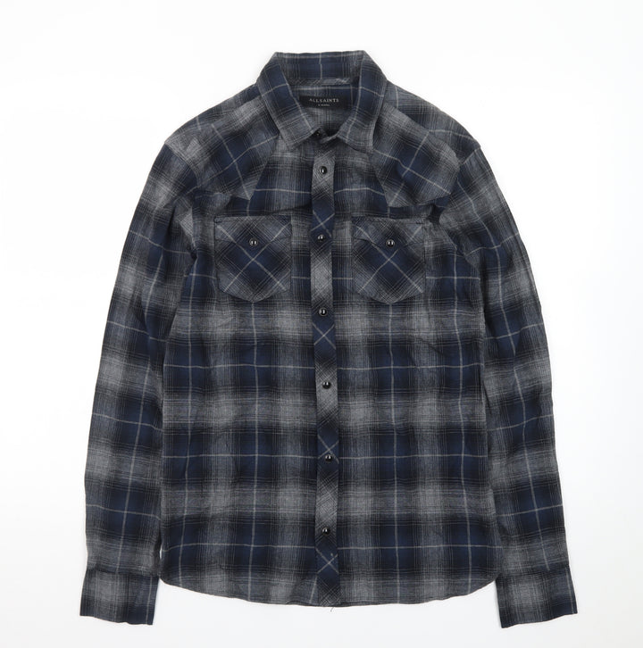 AllSaints Men's Blue Plaid Flannel Button-Up Shirt XS Slim Fit