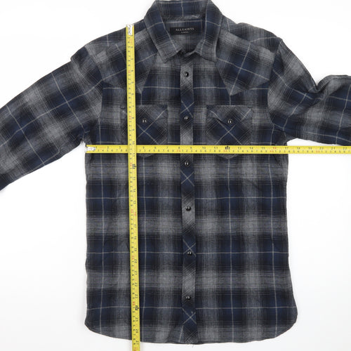 AllSaints Men's Blue Plaid Flannel Button-Up Shirt XS Slim Fit