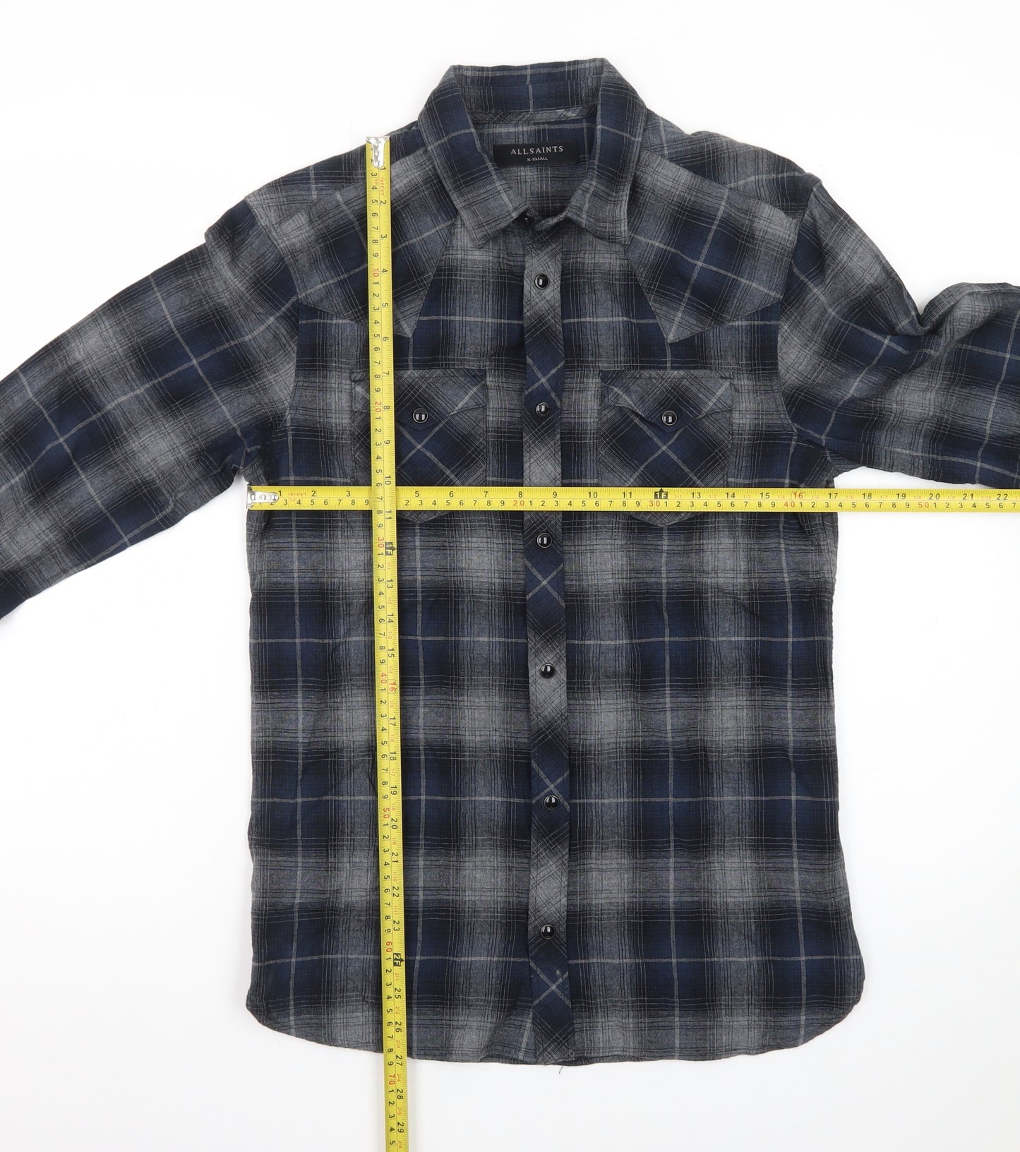 AllSaints Men's Blue Plaid Flannel Button-Up Shirt XS Slim Fit