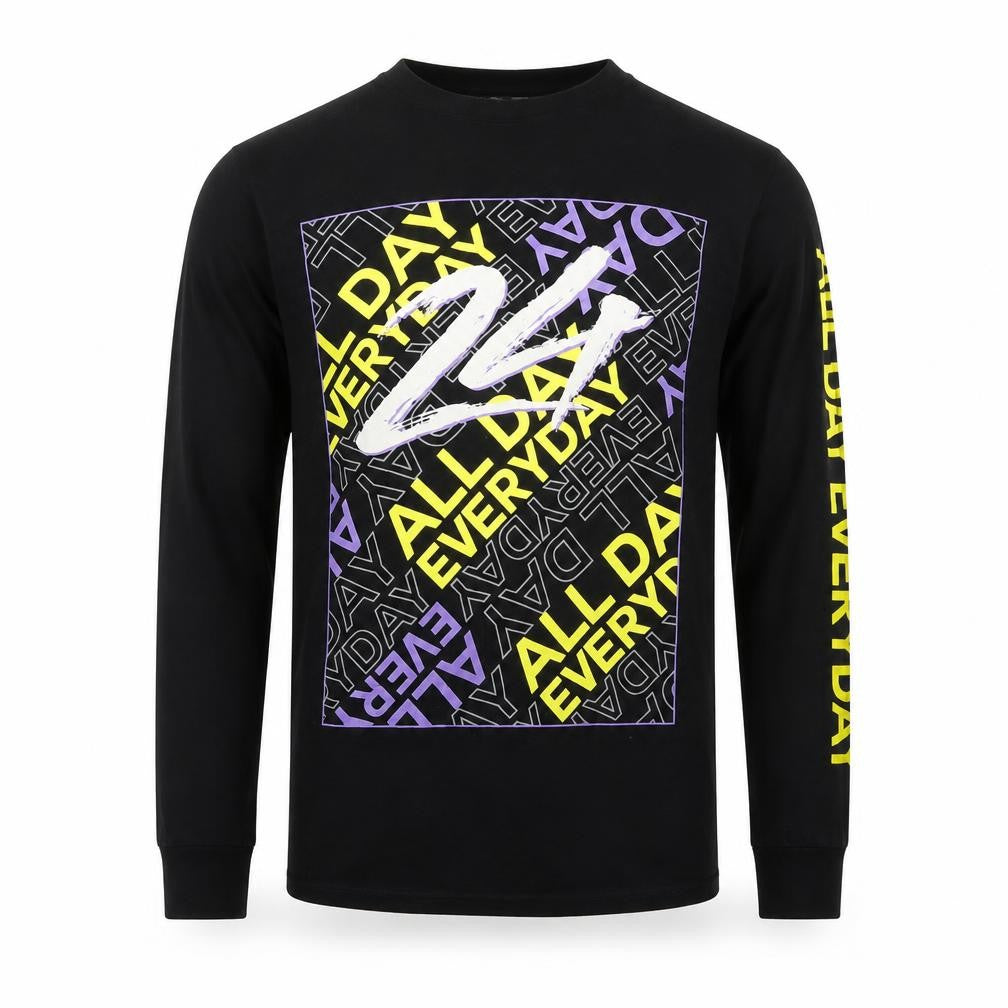 Front view of Launder Men's Black Long Sleeve Graphic T-Shirt, size L