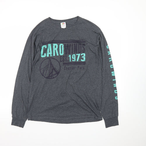 Fruit of the Loom Men's Grey Long Sleeve Carowinds Graphic T-Shirt Size M