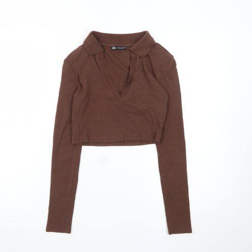 Zara Women Brown Cropped Collared Long Sleeve Top S