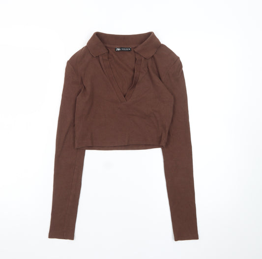 Zara Women Brown Cropped Collared Long Sleeve Top S