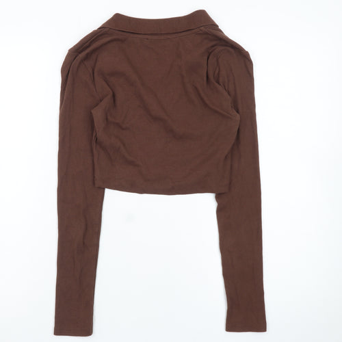 Zara Women Brown Cropped Collared Long Sleeve Top S