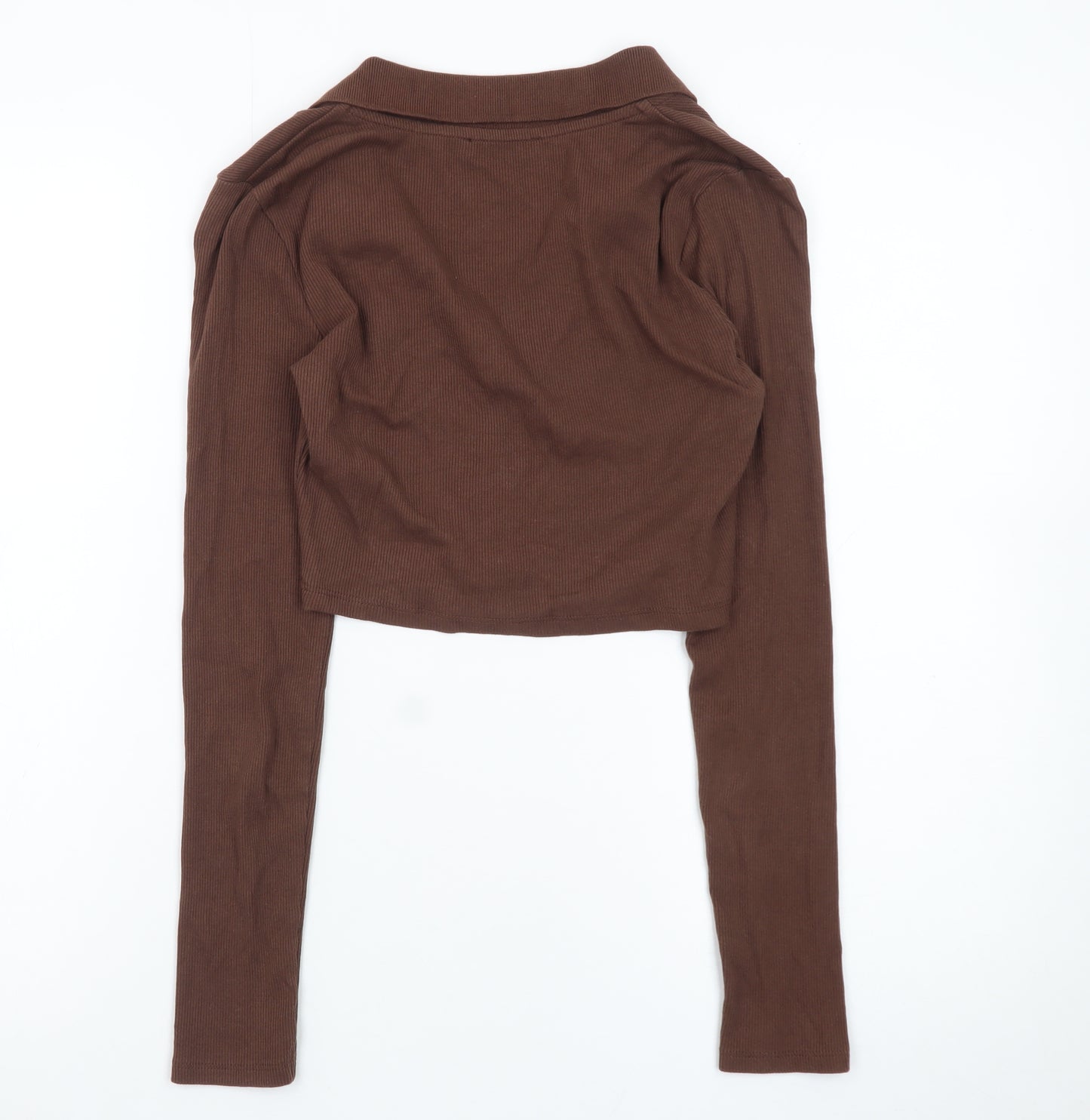 Zara Women Brown Cropped Collared Long Sleeve Top S