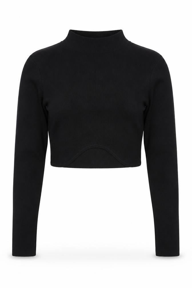 Front view of PAPERMOON Women's Black Mock Neck Cropped Long Sleeve Top, size M