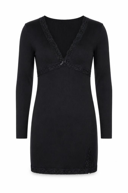 Front view of PRETTYLITTLETHING Women's Black, size 16, Lace Trim Bodycon Dress