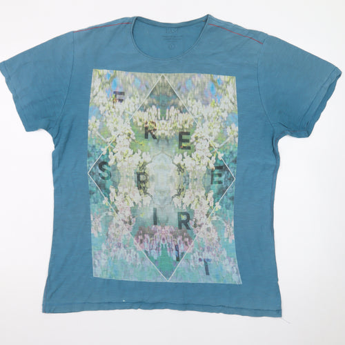 EASY Mens Blue Graphic Print Crew Neck Cotton T-Shirt L