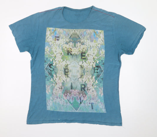 EASY Mens Blue Graphic Print Crew Neck Cotton T-Shirt L