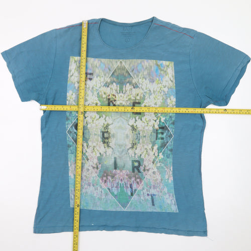 EASY Mens Blue Graphic Print Crew Neck Cotton T-Shirt L