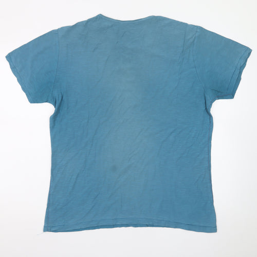 EASY Mens Blue Graphic Print Crew Neck Cotton T-Shirt L