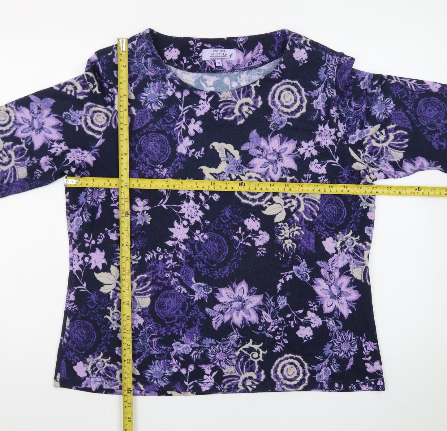Honor Millburn Women's Purple Floral 3/4 Sleeve Cotton Jersey Top Size 18