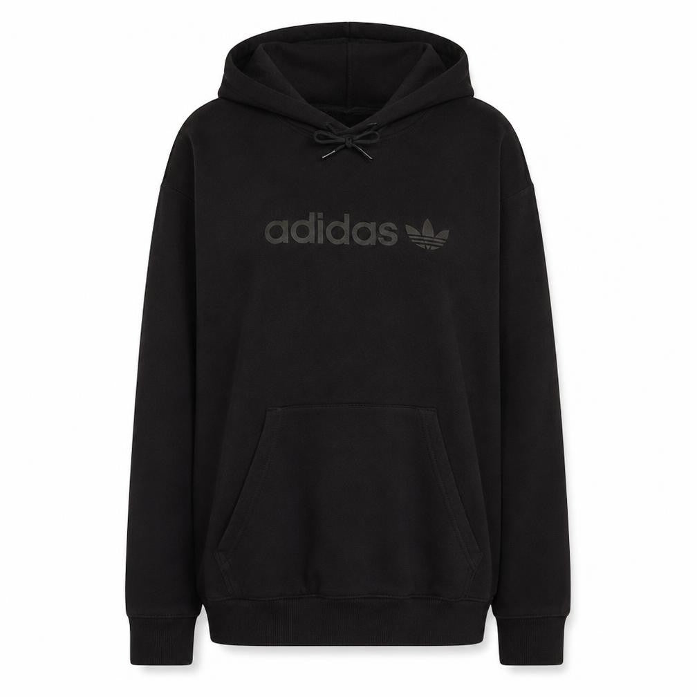 Front view of Adidas women’s black pullover hoodie, size UK 14, logo hooded sweatshirt