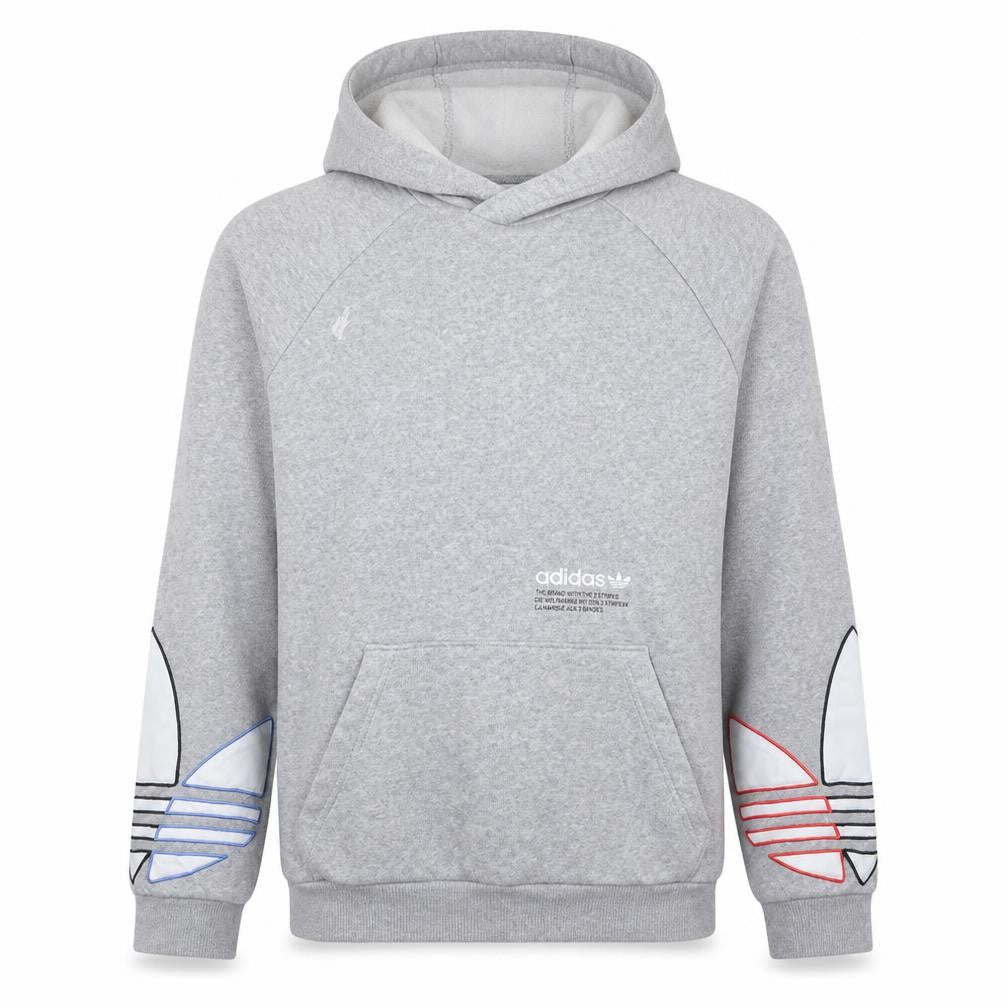 Front view of adidas men’s grey pullover hoodie m logo graphic sportswear
