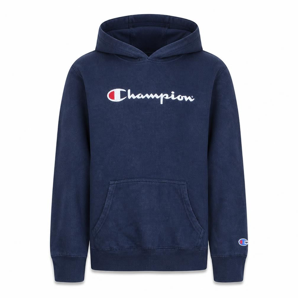 Front view of Champion Teens Blue Pullover Hoodie, size 12 Slim, Logo Fleece Sweatshirt